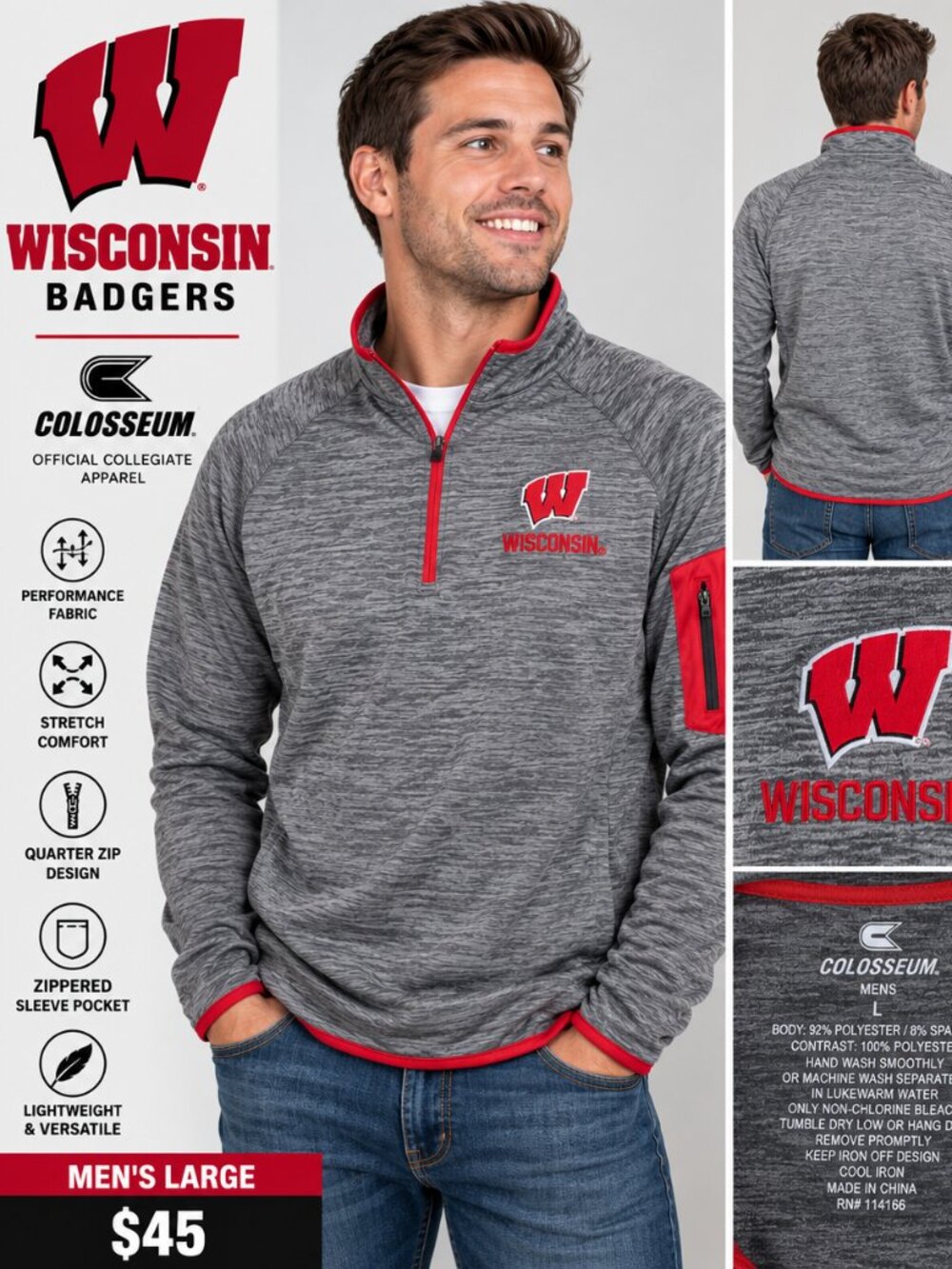 🏈🔥 WISCONSIN BADGERS COLOSSEUM 1/4 ZIP PULLOVER – NWT – MEN’S LARGE 🔥🏈